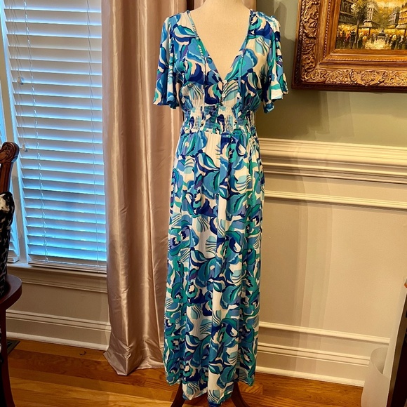 NWOT Anthropologie Abel the Label Blue Floral Flutter Sleeve Maxi Dress Size XS - Picture 1 of 5